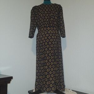 Vintage SPECIAL EFFECTS Elegant Black and Gold Patterned Midi Dress Size 16M